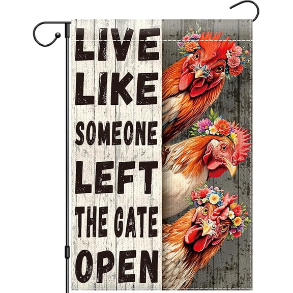 Funny Chicken Farm Coop Garden Flag 12x18 Double Sided, Like Someone Left The Gate Open Vintage Decor Sign, Fanciful Rooster Outdoor Decor Banner Farmhouse Theme Lawn Decoration