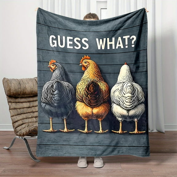 Funny Chicken Guessing Game Throw Blanket - Reversible Flannel Fleece with Cartoon Rooster & "Guess What?" Text, 280gsm All-Season Cozy Blanket for Home Office Travel, Humorous Gift
