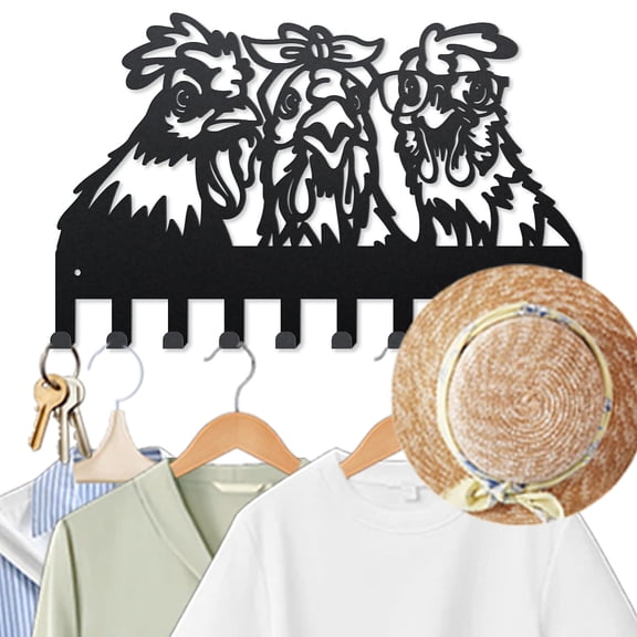 Funny Chicken Metal Coat Hooks for Wall 15.79.8inch Three Large Hen Rooster Wall Mounted Key Rack 10 Hooks Farm Animals Black Art Key Holder