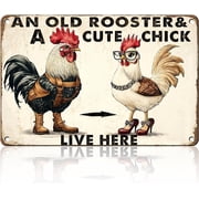 Funny Chicken Metal Tin Sign, An Old Rooster and a Cute Chick Live Here, 8 x 12 Inch Vintage Farmhouse Wall Decor for Chicken Coop, Kitchen, Barn, Garden