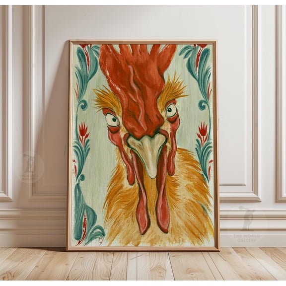 Funny Chicken Portrait Poster, Rustic Folk Wall Art, Paper Print, Poster Only