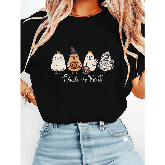 Funny Chicken Print T-shirts Halloween Chicken & Treat Casual Tops Trick-or-Treat Graphic Tees Short Sleeve Cotton Shirts for Daily Outfits Black,4XL