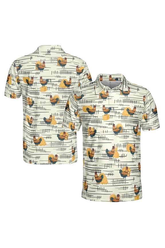 Funny Chicken Rooster Beside Haystacks Pattern Golf Men's Polo Shirt S-5XL