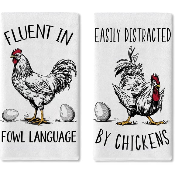 Funny Chicken Rooster Kitchen Dish Towels Set of 2, Farm Animal Fluent in Fowl Language Drying Hand Towel Baking Cooking Cloth, Farmhouse Eggs Bathroom Home Decor Chicken Lover Gifts 18''x26''