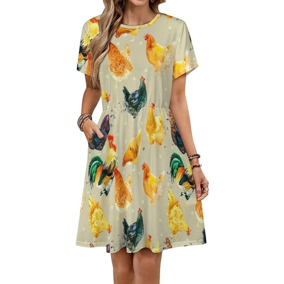 Funny Chicken Roosters Short Sleeve Dress Women Summer Evening Dresses Ladies Sundress