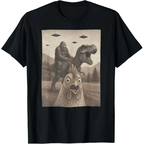 Funny Chicken Shirts, Chicken Selfie Bigfoot Riding T rex T-Shirt