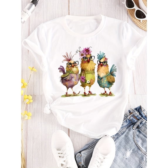 Funny Chicken T-Shirt Women Cute Hens With Glasses And Flowers Tee Fancy Farm Bird Lover Gift Top