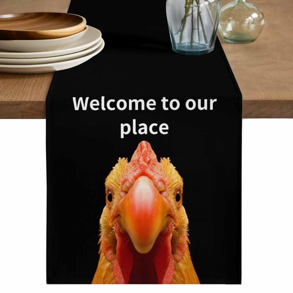 Funny Chicken Table Runner 108 Inches, Welcome To OUR Place Modern Retro Bed Runner Dresser Scarves Tabletop for Indoor Outdoor Parties/Ceremony/Banquet, 13"x 108"