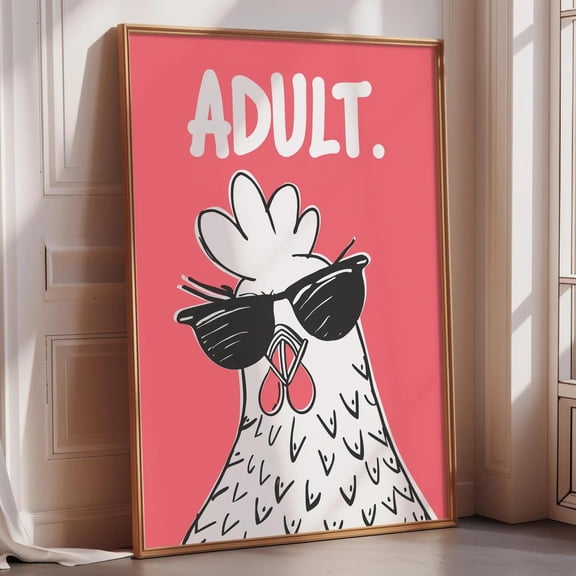 Funny Chicken Wall Art Adult Poster, Minimalist Meme Print, Sarcastic Humor Decor, Trendy Gen Z Room Art, Pink Funny Animal Wall Decor, Poster Only