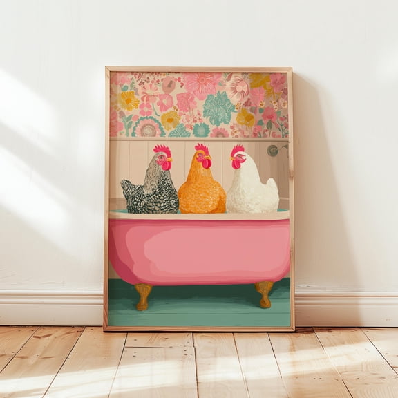 Funny Chickens In The Bathtub Poster, Colorful Chickens Wall Art, Animal Posters, Wall Decoration, Colorful Posters, Colorful Farmhouse Wall Art , Poster Print Only