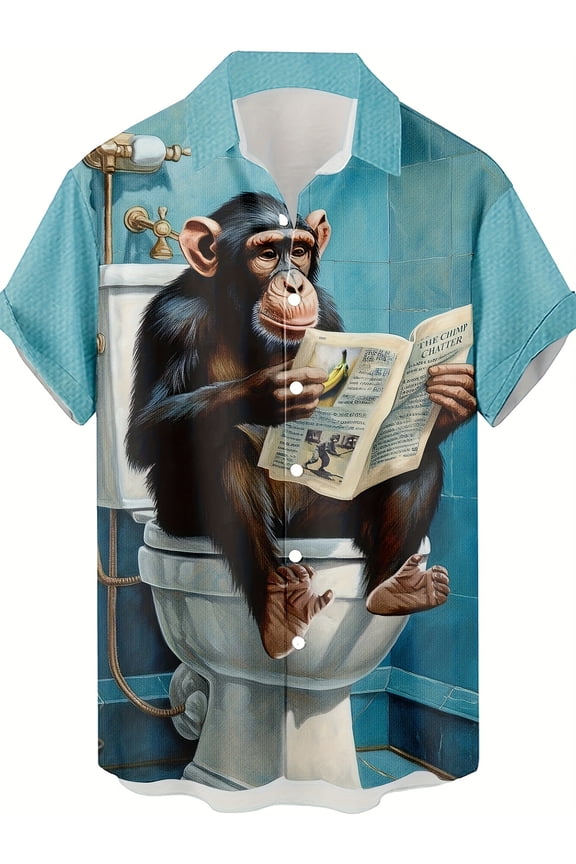 Funny Chimpanzee Reading Newspaper 3D Printed Men's Casual Short Sleeve Shirt - Humorous pattern design, breathable fabric, suitable for summer, beach, party and daily wear
