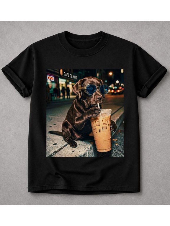 Funny Chocolate Lab Drinking Iced Coffee Shirt, Animal Meme Tee, Dog Lover Gift,