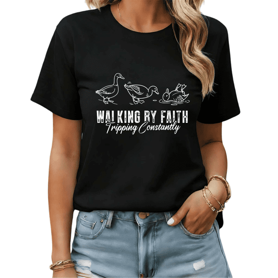 Funny Christian Duck Walking By Faith Graphic Tees Womens T shirt White/Black S-5XL Shirts Casual Religious Tops