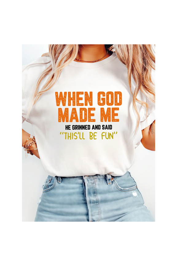 Funny Christian Print T-shirts - "When God Made Me He Grinned" Humor Graphic Tees - Pattern Top for Men & Women(S-5XL)