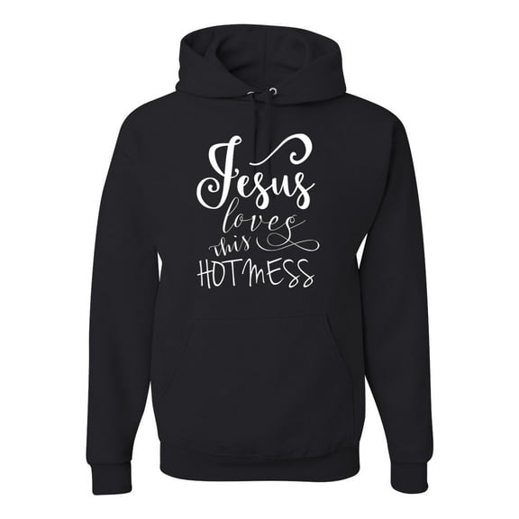 Funny Christian Quote Jesus Loves This Hot Mess Inspirational/Christian Unisex Graphic Hoodie Sweatshirt, Black, Large