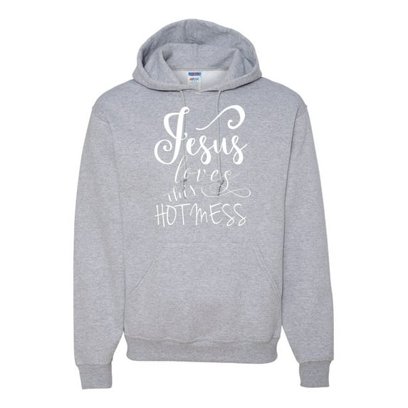 Funny Christian Quote Jesus Loves This Hot Mess Inspirational/Christian Unisex Graphic Hoodie Sweatshirt, Heather Grey, Large