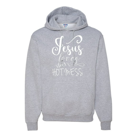 Funny Christian Quote Jesus Loves This Hot Mess Inspirational/Christian Unisex Graphic Hoodie Sweatshirt, Heather Grey, Small