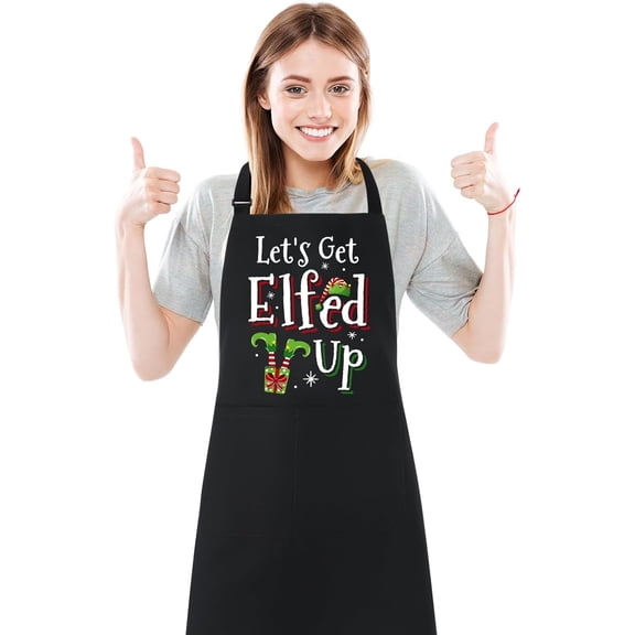 Funny Christmas Aprons, Adjustable Kitchen Cooking Aprons for Women with 2 Pockets, Christmas Chef Apron Gift for Bakers, Family, Friends - Let''s Get Elfed Up