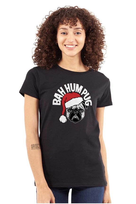 Funny Christmas Bah Humbug Pug Pun Womens Slim Fit Graphic Tee Brisco Brands L