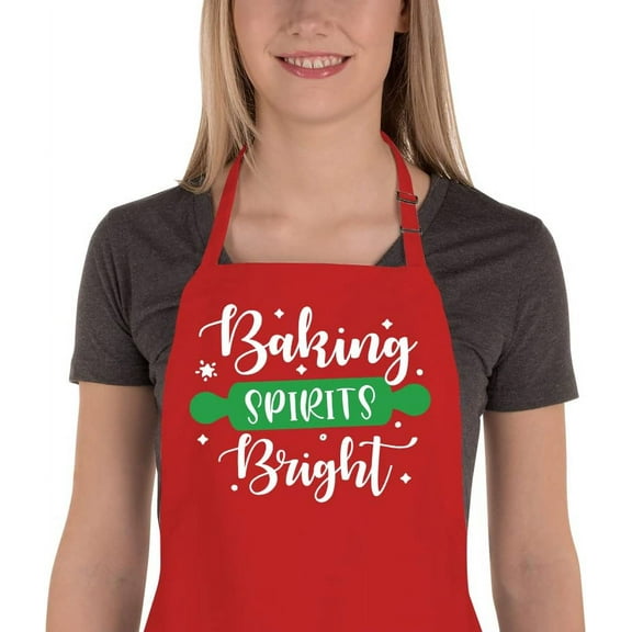 Funny Christmas Baking Aprons for Women Men, Holiday Baking Gifts for Bakers, Red Xmas Kitchen Cooking Aprons with 2 Pockets, Cute Thanksgiving Christmas Apron Gift for Bakers - Baking Spirits Bright