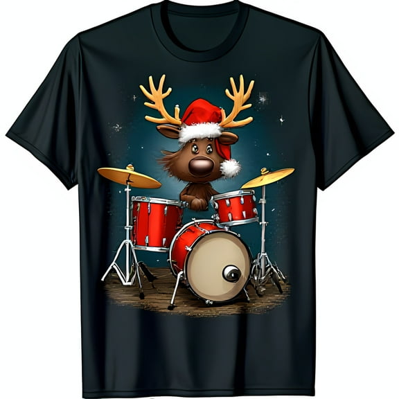 Funny Christmas Black T-Shirt with Cartoon Reindeer Drummer Graphic