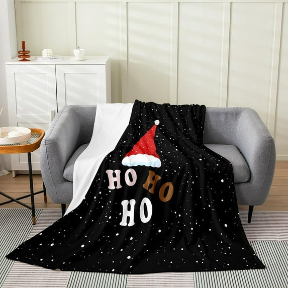 Funny Christmas Blanket 40x50 Inch, Santa Claus Red Hat Throw Blanket for Kids, Hand Drawn Xmas Ho Ho Fuzzy Blanket, Winter Cartoon Falling Snow Black White Red Flannel Blanket