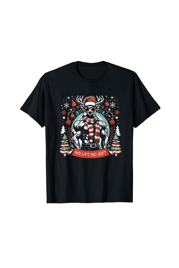 Funny Christmas Bodybuilder T-Shirt for Holiday Workout Fun with Muscular Reindeer Design