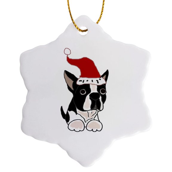3drose, Funny Christmas Boston Terrier Dog in Santa Hat, 3 inch Snowflake Porcelain Ornament