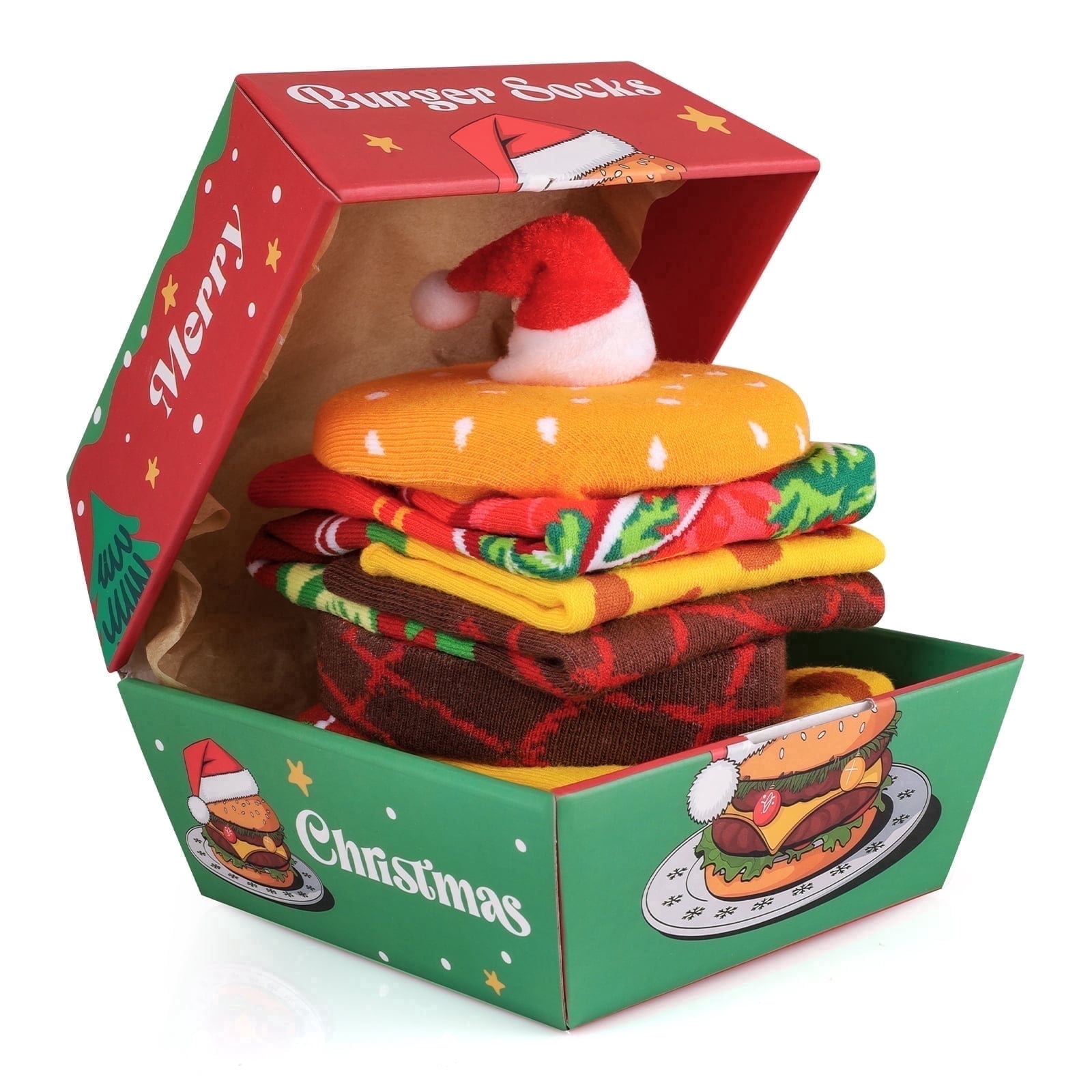 Funny Christmas Burger Socks Box for Men Women Teen Boys - Funny Hamburger Novelty Crazy Silly Cool Food Sock Gifts for Food Lovers -Fun Birthday Holiday Xmas Gag Gift Ideas Stocking Stuffers