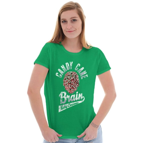 Funny Christmas Candy Cane Brain Womens Slim Fit Graphic Tee Brisco Brands S