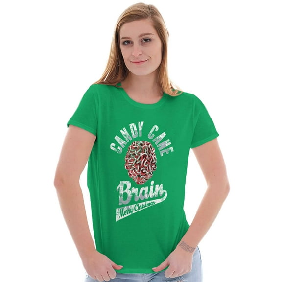Funny Christmas Candy Cane Brain Womens Slim Fit Graphic Tee Brisco Brands L