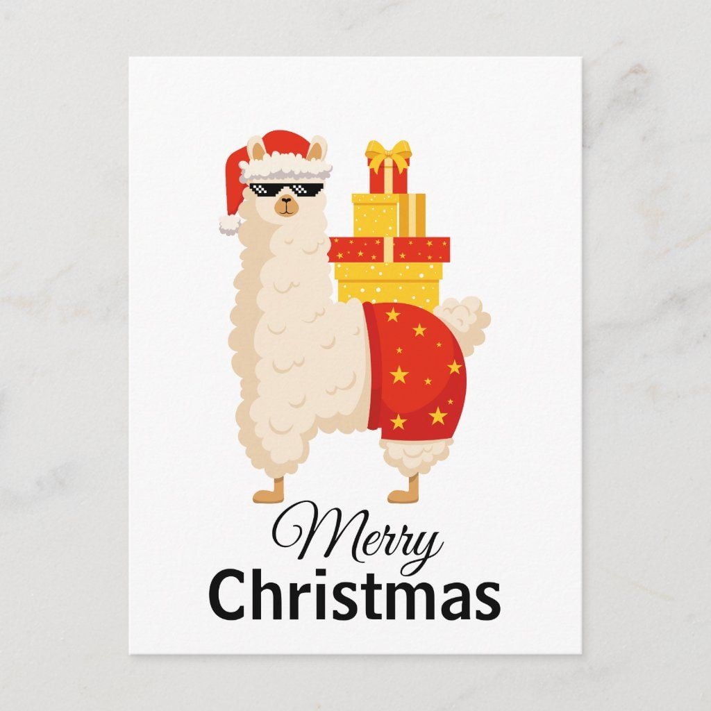 Funny Christmas Card Featuring a Cool Llama "Merry Christmas" Design with Santa Hat and Gifts Perfect for Holiday Greetings and Season's Greetings