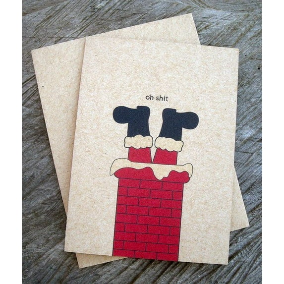 Funny Christmas Card - "Oh Sh*t" Santa in Chimney Design - Blank Inside, Envelope Included - Perfect Greeting Card for Friends and Family