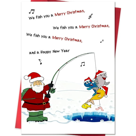 Funny Christmas Card We Fish You a Merry Christmas Design with Santa and Fish Blank Inside, Envelope Included Perfect Holiday Greeting for Friends and Family