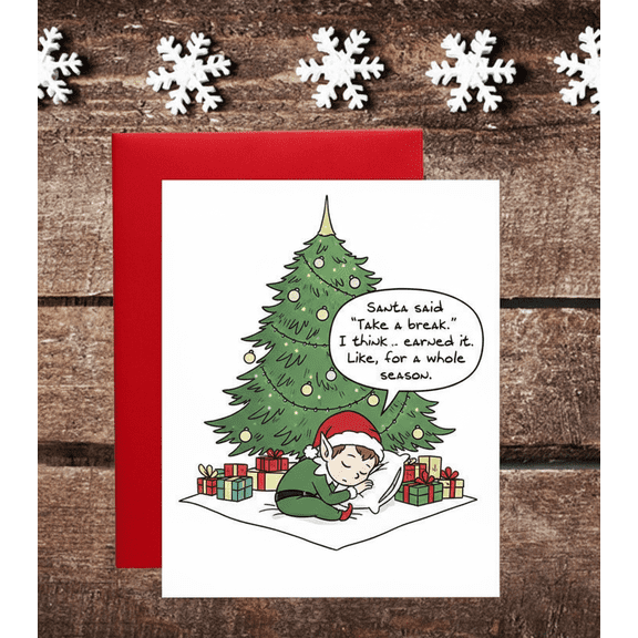 Funny Christmas Card for Kids Take a Break Elf Design Envelope Included, Blank Inside Perfect Holiday Greeting for Children and Family