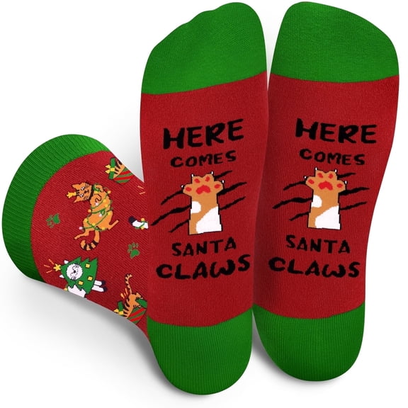 Funny Christmas Cat Animals Socks for Men Women - HERE COMES SANTA CLAWS Novelty Fun Funky Happy Odd Socks - Xmas Secret Santa Gifts Christmas Eve Box Stocking Fillers for Cat Lovers Mum Dad