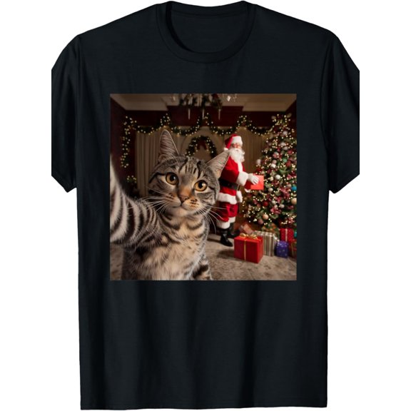 Funny Christmas Cat & Santa Selfie T-Shirt - Crew Neck Casual Tee, Funny Holiday Gift for Christmas Parties & Daily Wear Cute Tabby Cat Design with Selfie Pose & Santa Claus