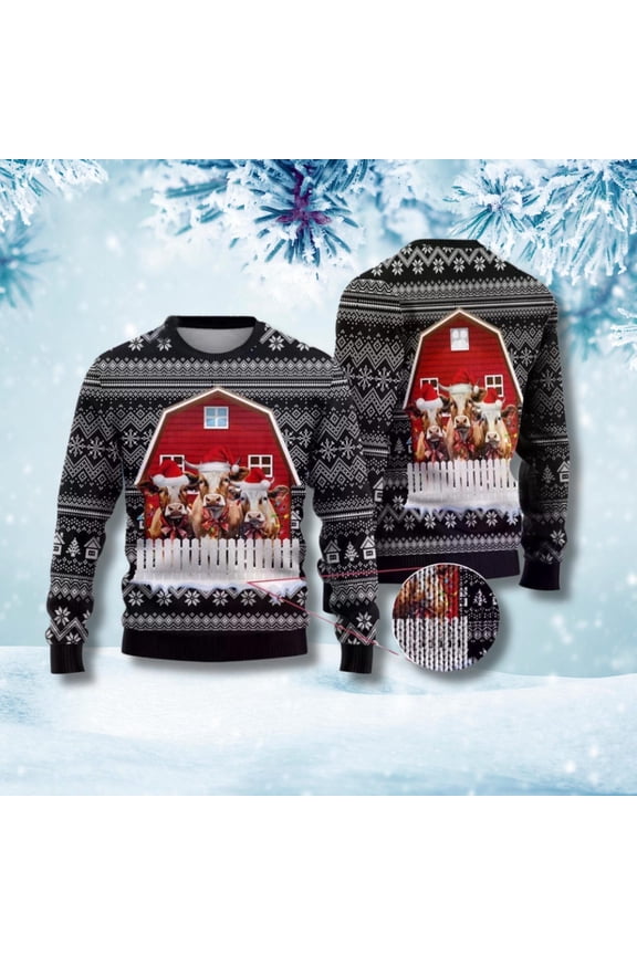 Funny Christmas Cow Ugly Sweater Barn Farm Animal Print Holiday Jumper Gift For Farmers Men Women Winter Outfit Festive Design