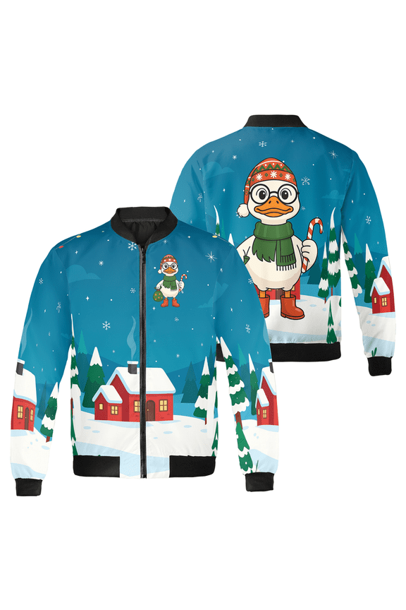 Funny Christmas Duck Bomber Jacket – Cartoon Winter Holiday Outerwear, Cute Snow Village Print, Unisex Xmas Gift Jacket for Men & Women