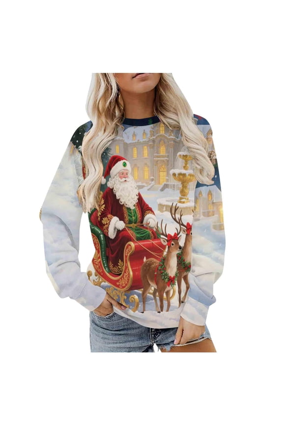 Funny Christmas Fleece Sweatshirt for Women Merry Xmas Christmas Themed Prints Long Sleeve Casual Pullover White