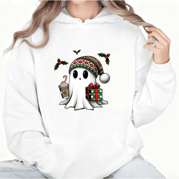 Funny Christmas Ghost Print Hoodie White Graphic Sweatshirt S-2XL Holiday Winter tops trendy and popular patterned white hooded sweatshirts