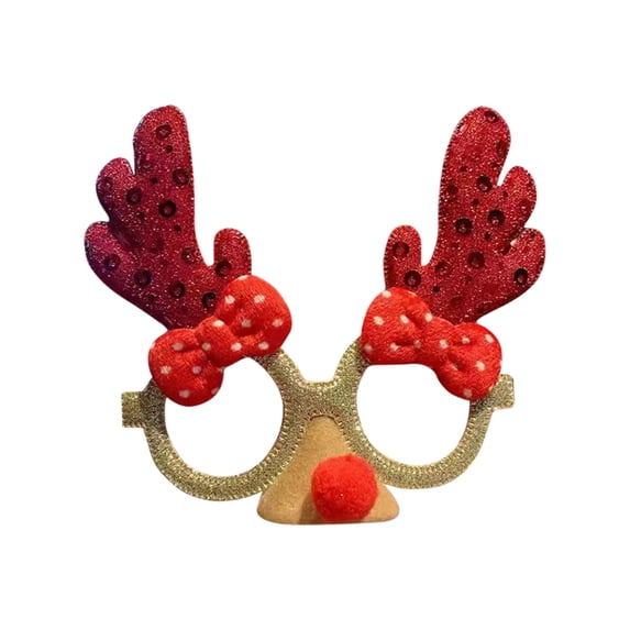 Funny Christmas Glasses Frames with Deer Antlers & Red Polka Dot Bow,Glitter Christmas Costume Eyeglasses for Christmas Party Favors Decorations-Nose Design(One Size Fits All)