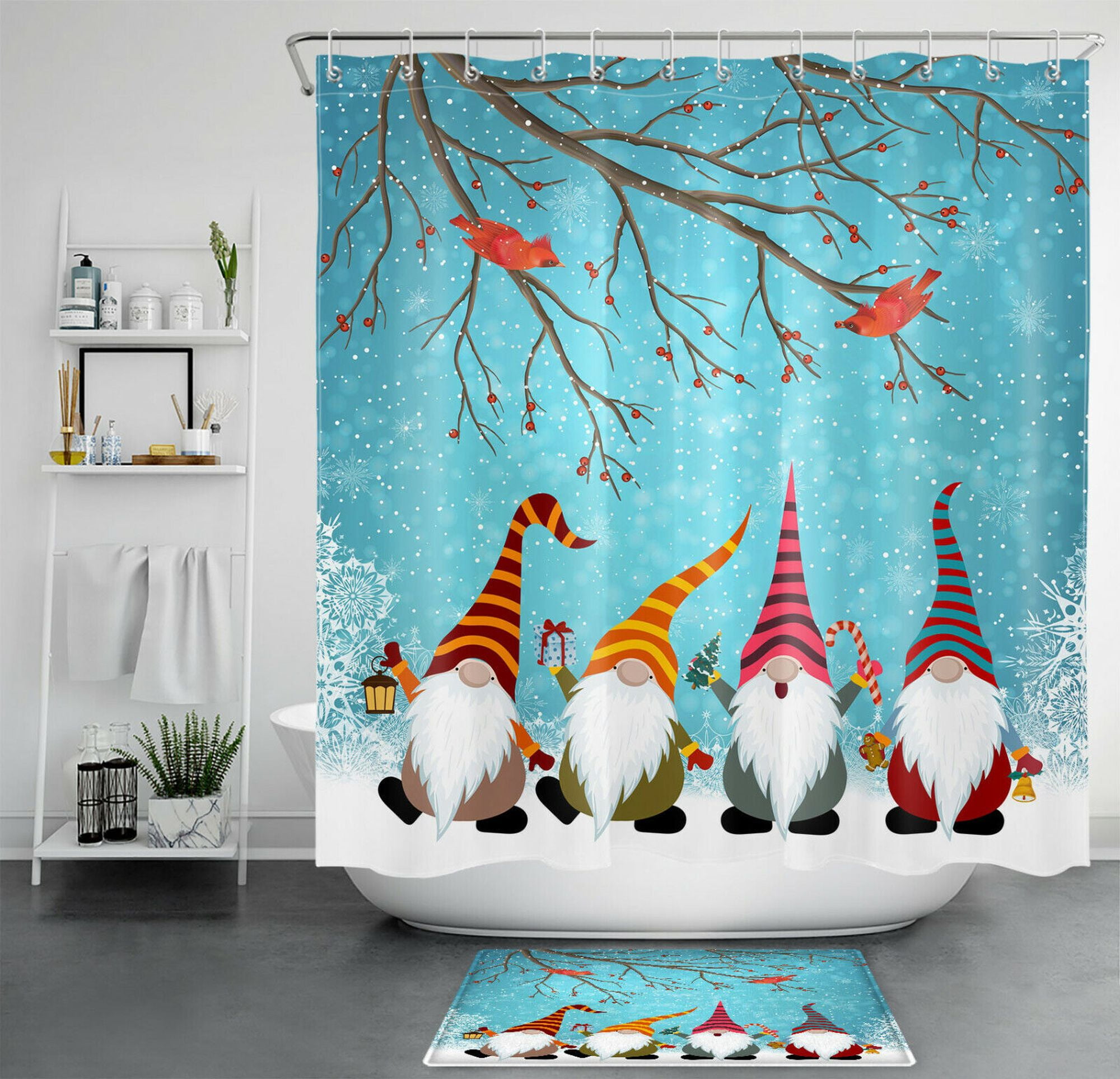 Funny Christmas Gnome Shower Curtain Winter Cardinal Red Berries