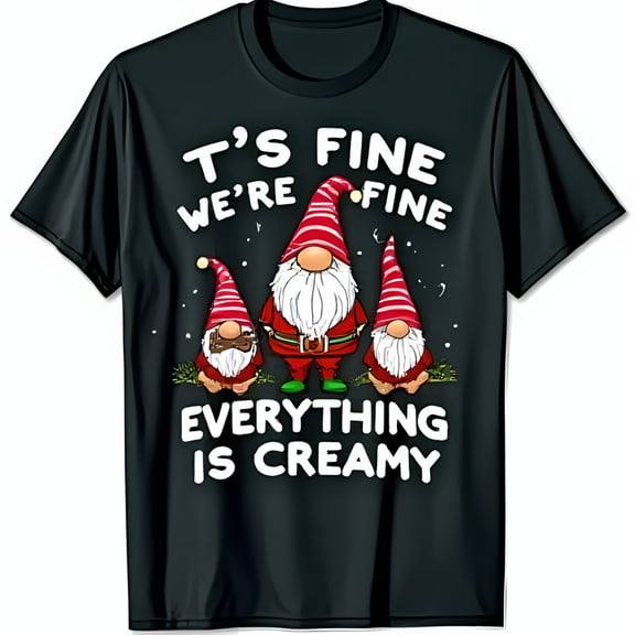 Funny Christmas Gnomes Black T-Shirt It s We Everything is Creamy Design