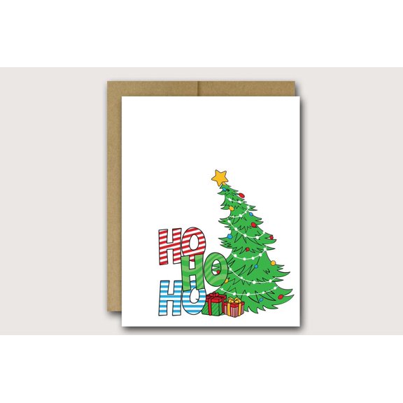 Funny Christmas Greeting Card Colorful "Ho Ho Ho" with Christmas Tree and Presents Blank Inside, Envelope Included Perfect for Holiday Wishes and Greetings