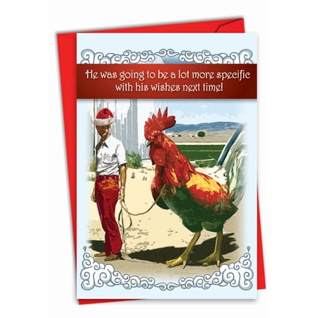 Funny Christmas Greeting Card with 5 x 7 Inch Envelope (1 Card) Merry Christmas Holiday Big Cock - Man with Giant Rooster