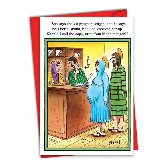 Funny Christmas Greeting Card with 5 x 7 Inch Envelope (1 Card) Merry Christmas Holiday Call Cops - Mary and Joseph at Inn