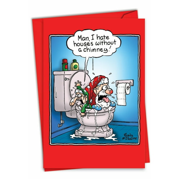 Funny Christmas Greeting Card with 5 x 7 Inch Envelope (1 Card) Merry Christmas Holiday House With No Chimney - Santa and Elf in Bathroom