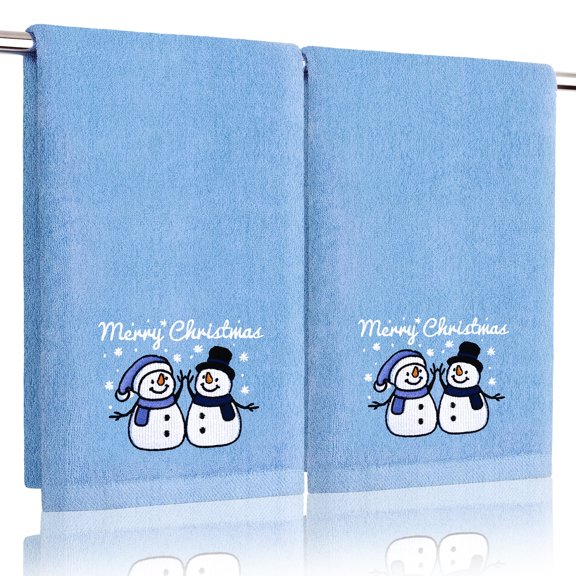 Funny Christmas Snowman Hand Towels for Bathroom Kitchen- 100% Cotton Soft Absorbent Winter Holiday Bath Towels Cute Decor - Fun Novelty Christmas Xmas Secret Santa Gifts for Women Mom -Set of 2,Blue