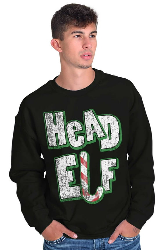 Funny Christmas Head Elf Candy Cane Sweatshirt for Men or Women Brisco Brands M
